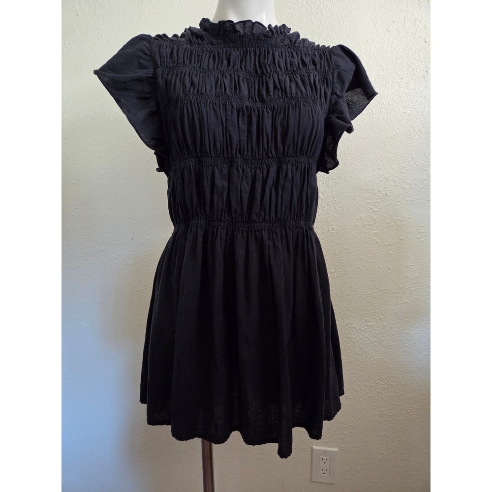Wishing Waves Black Smocked MiniDress Womens XL Cotton Flutter Sleeve RuffleNeck